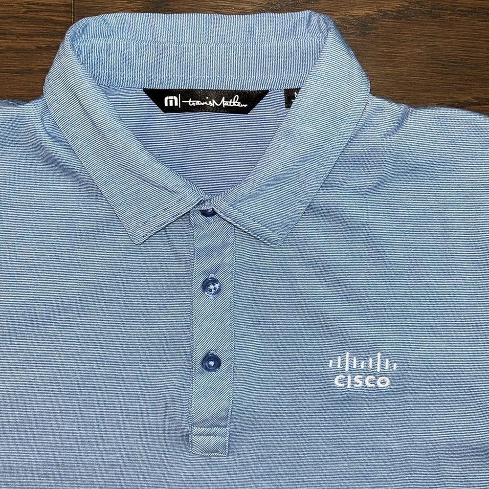 Carolina Blue Cisco Computer Geek Travis Mathew Golf Polo Shirt slim fit M Men’s